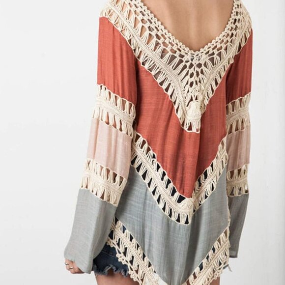 Women's V-Neck Long Sleeves Loose Crochet Hollow Summer Swimsuit Coverups - Picture 3 of 5